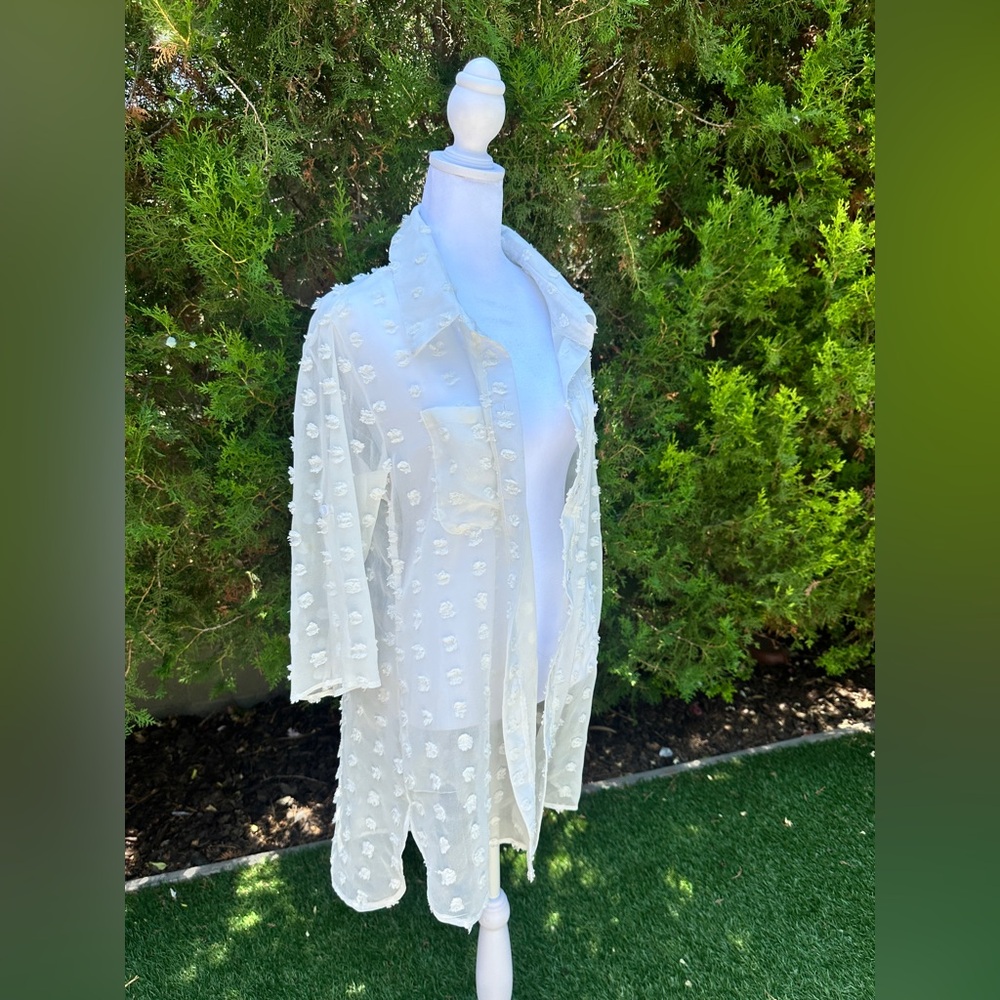 Women’s B Elegant White Sheer Swiss Dot Embroidered Long Sleeve Cardigan size S